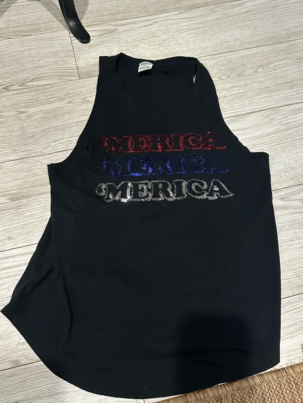 PINK Embellished 'Merica Tank Top - Black with Red, Blue & Silver Glitter